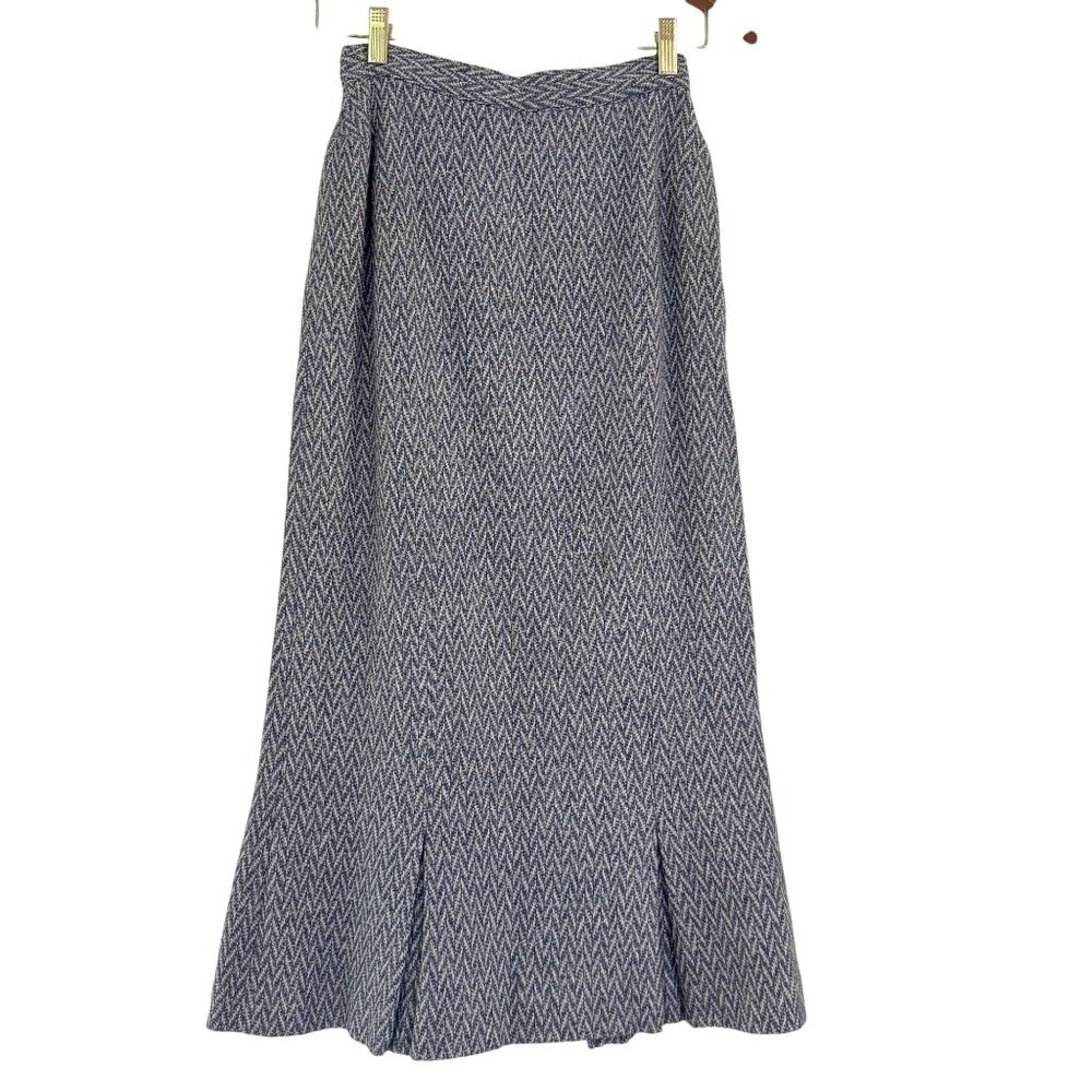 Vintage Baronesa Womens Blue&White Wool Pleated Herringbone Winter Maxi Skirt 6